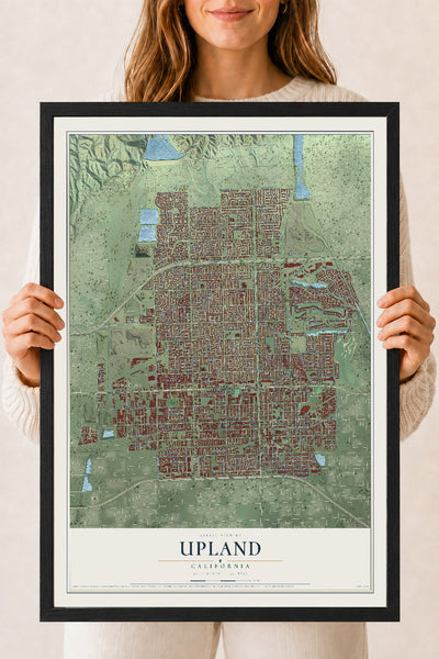 Map of Upland, California, 18 x 24 inch print in a black wood frame