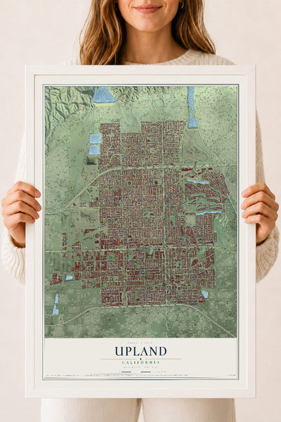 Map of Upland, California, 18 x 24 inch print in a white wood frame