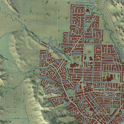 Second close-up of the map of Vacaville, California print showing more streets and buildings
