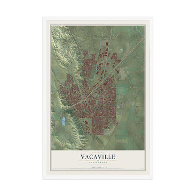 Map of Vacaville, California, 12 x 18 inch print in a white wood frame