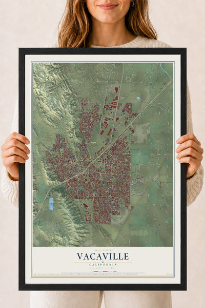 Map of Vacaville, California, 18 x 24 inch print in a black wood frame