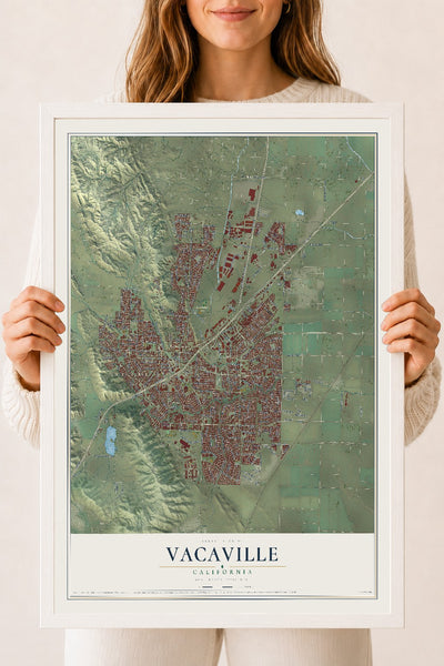 Map of Vacaville, California, 18 x 24 inch print in a white wood frame