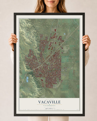 Map of Vacaville, California, 24 x 36 inch print in a black wood frame