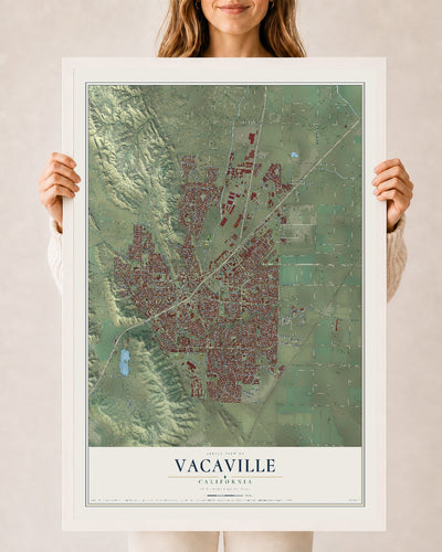 Map of Vacaville, California, 24 x 36 inch print in a white wood frame
