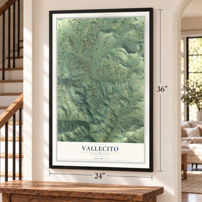 Vallecito, California map, 24 x 36 inch print in a black frame by a staircase
