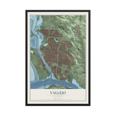 Map of Vallejo, California, 12 x 18 inch print in a black wood frame