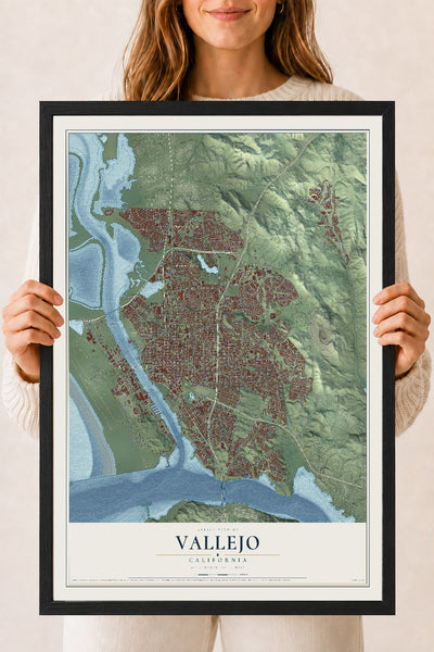 Map of Vallejo, California, 18 x 24 inch print in a black wood frame