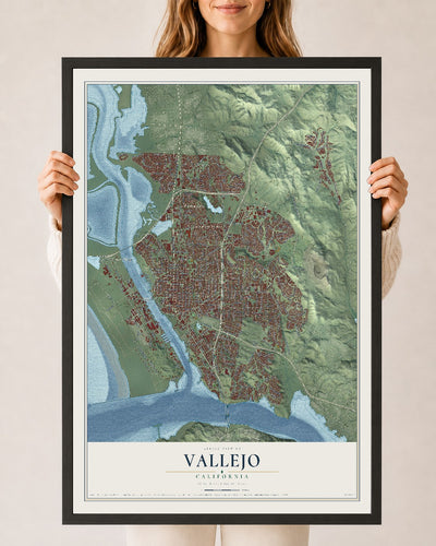 Map of Vallejo, California, 24 x 36 inch print in a black wood frame