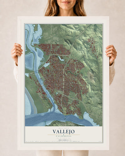 Map of Vallejo, California, 24 x 36 inch print in a white wood frame