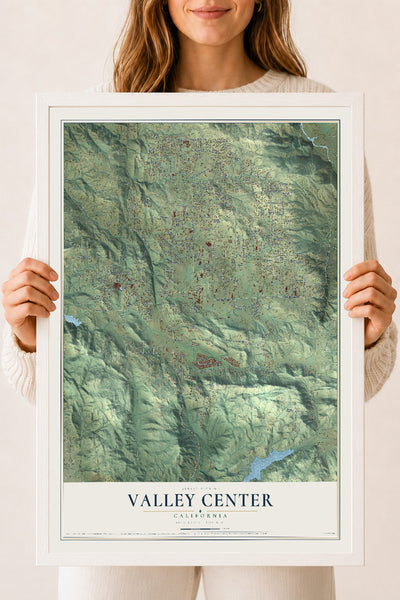 Map of Valley Center, California, 18 x 24 inch print in a white wood frame