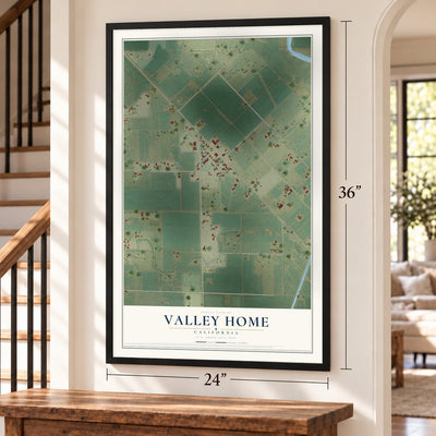 Valley Home, California map, 24 x 36 inch print in a black frame by a staircase