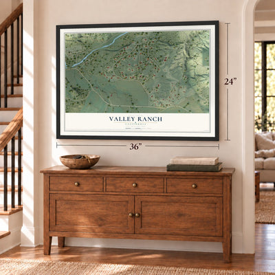 Valley Ranch, California map, 24 x 36 inch print in a black frame above a dresser by a staircase