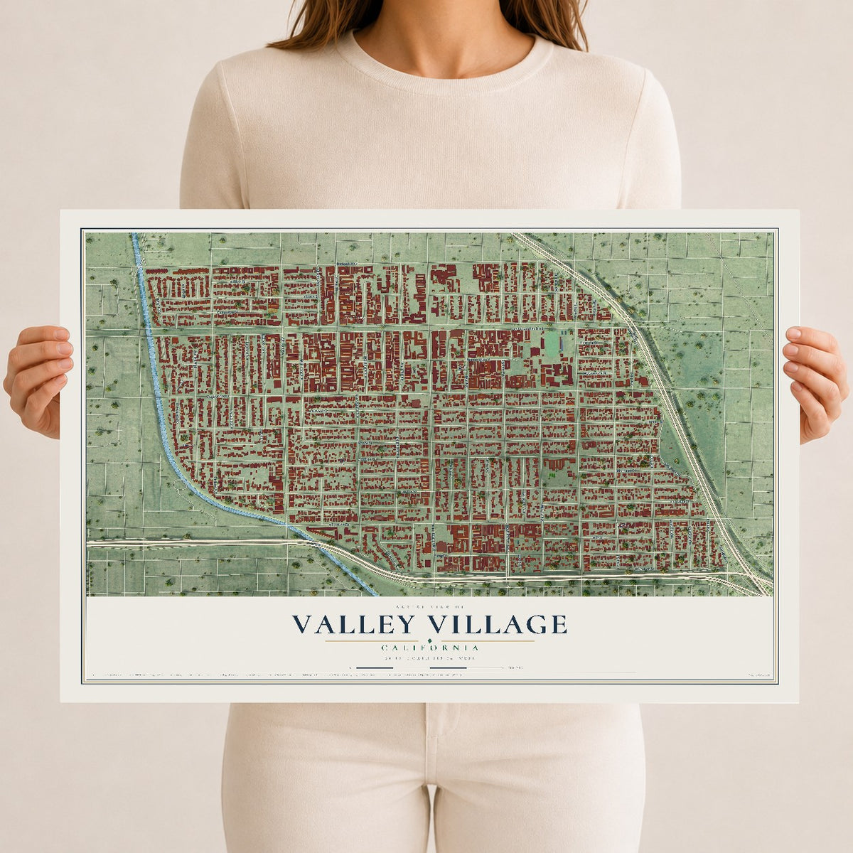Map of Valley Village, California, 12 x 18 inch unframed archival matte print