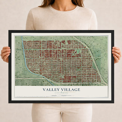 Map of Valley Village, California, 12 x 18 inch print in a black wood frame
