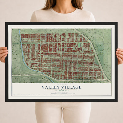 Map of Valley Village, California, 18 x 24 inch print in a black wood frame