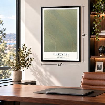 Valley Wells, California map, 18 x 24 inch print in a black frame in a home office