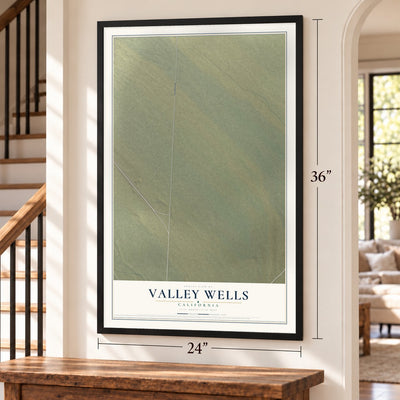 Valley Wells, California map, 24 x 36 inch print in a black frame by a staircase