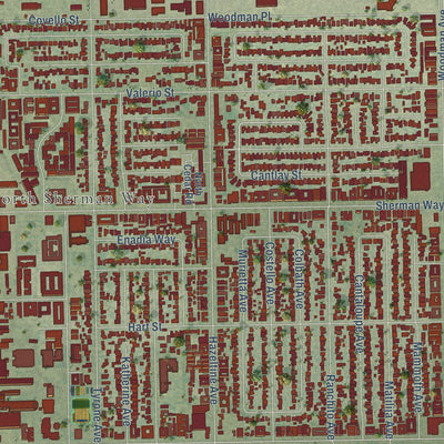 Close-up of the map of Van Nuys, California print showing street and building detail