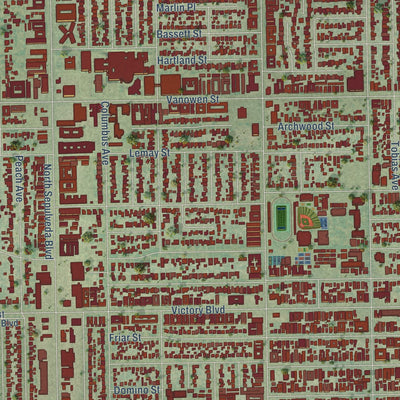 Second close-up of the map of Van Nuys, California print showing more streets and buildings