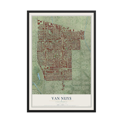 Map of Van Nuys, California, 12 x 18 inch print in a black wood frame