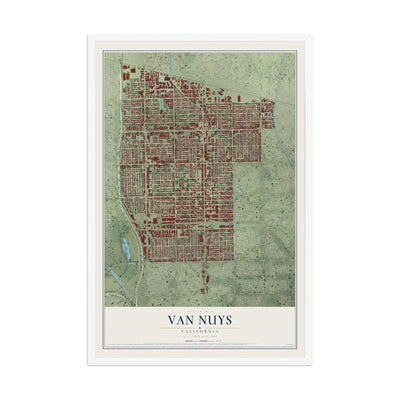 Map of Van Nuys, California, 12 x 18 inch print in a white wood frame