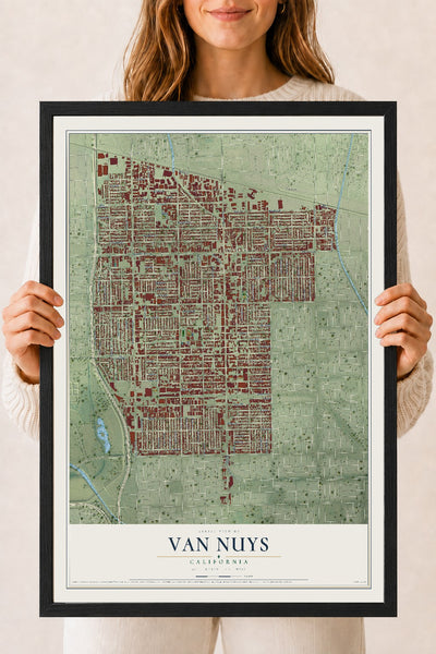 Map of Van Nuys, California, 18 x 24 inch print in a black wood frame