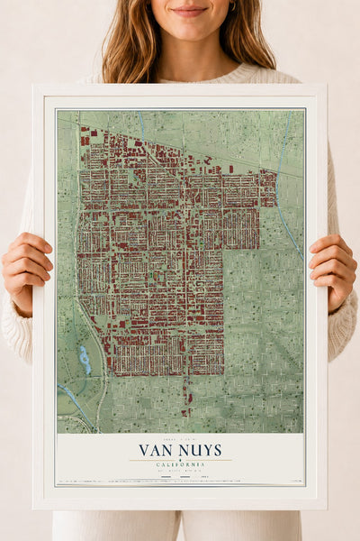 Map of Van Nuys, California, 18 x 24 inch print in a white wood frame