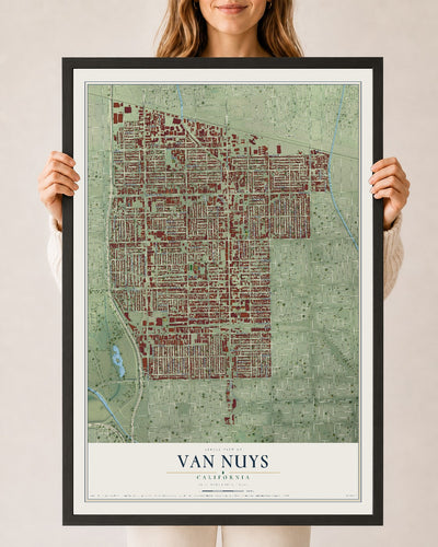Map of Van Nuys, California, 24 x 36 inch print in a black wood frame