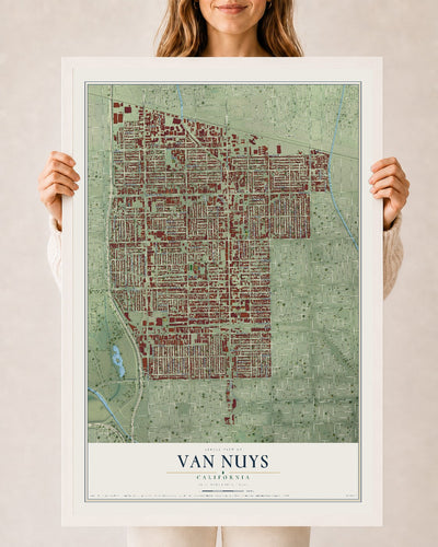 Map of Van Nuys, California, 24 x 36 inch print in a white wood frame