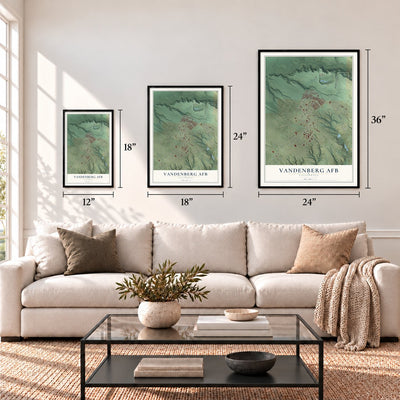 Vandenberg AFB, California map in 12 x 18, 18 x 24 and 24 x 36 inch sizes above a sofa