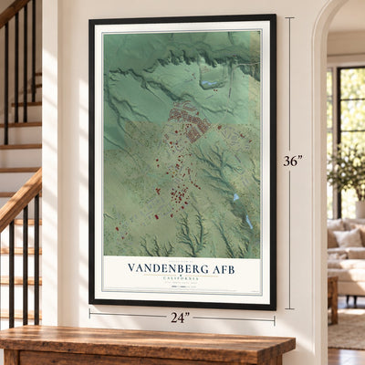 Vandenberg AFB, California map, 24 x 36 inch print in a black frame by a staircase