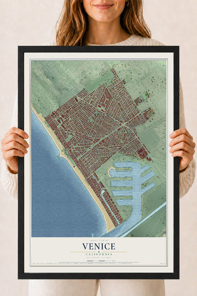 Map of Venice, California, 18 x 24 inch print in a black wood frame