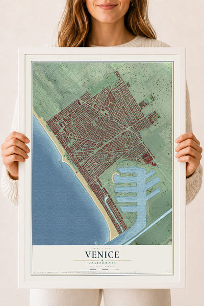 Map of Venice, California, 18 x 24 inch print in a white wood frame