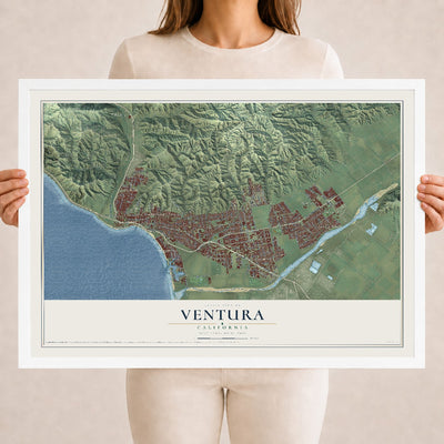Map of Ventura, California, 18 x 24 inch print in a white wood frame