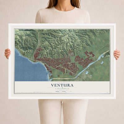 Map of Ventura, California, 24 x 36 inch print in a white wood frame