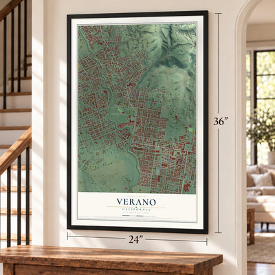 Verano, California map, 24 x 36 inch print in a black frame by a staircase