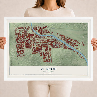 Map of Vernon, California, 18 x 24 inch print in a white wood frame