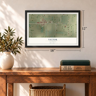 Victor, California map, 12 x 18 inch print in a black frame in an entryway