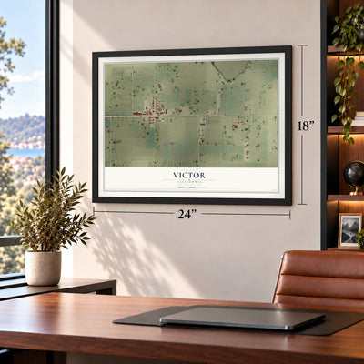 Victor, California map, 18 x 24 inch print in a black frame in a home office