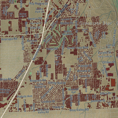 Close-up of the map of Victorville, California print showing street and building detail