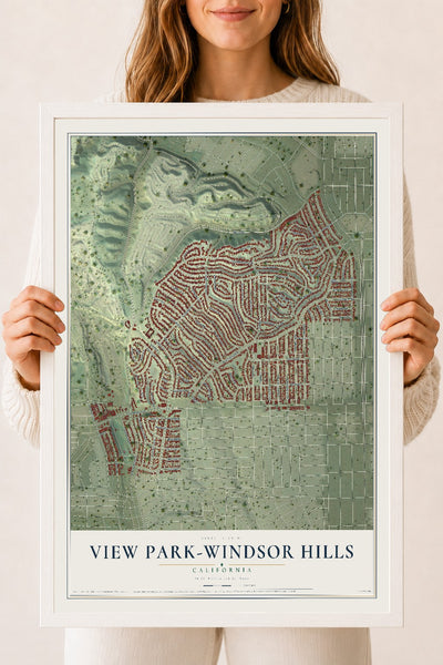 Map of View Park-Windsor Hills, California, 18 x 24 inch print in a white wood frame