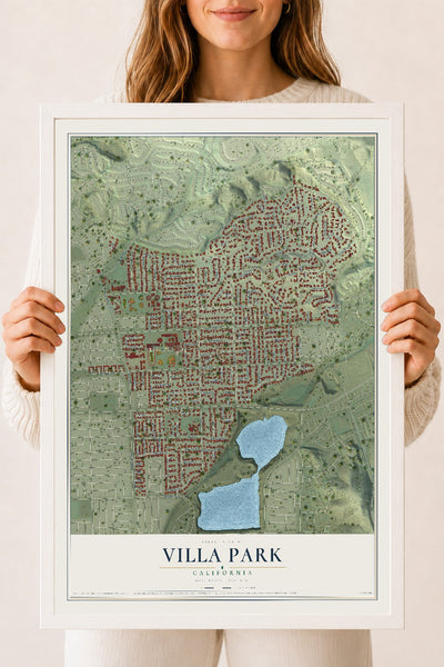 Map of Villa Park, California, 18 x 24 inch print in a white wood frame