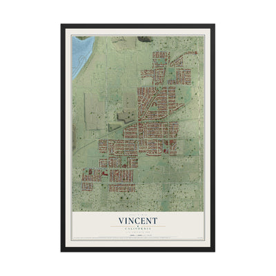Map of Vincent, California, 12 x 18 inch print in a black wood frame