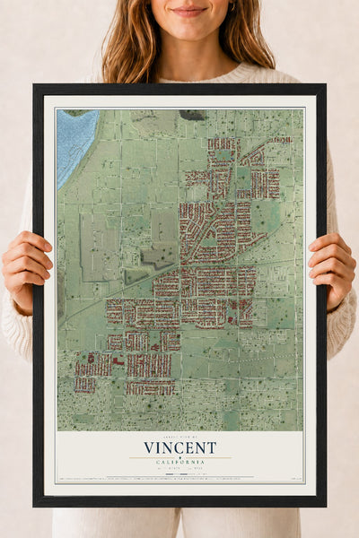 Map of Vincent, California, 18 x 24 inch print in a black wood frame