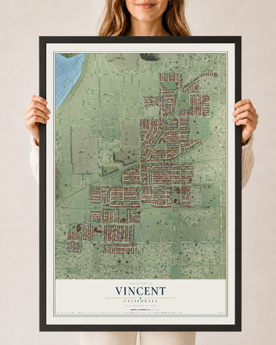 Map of Vincent, California, 24 x 36 inch print in a black wood frame
