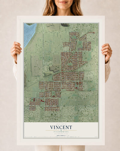 Map of Vincent, California, 24 x 36 inch print in a white wood frame