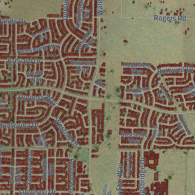 Close-up of the map of Vineyard, California print showing street and building detail