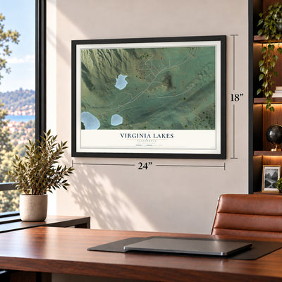 Virginia Lakes, California map, 18 x 24 inch print in a black frame in a home office