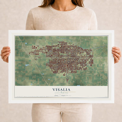 Map of Visalia, California, 12 x 18 inch print in a white wood frame
