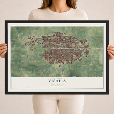 Map of Visalia, California, 18 x 24 inch print in a black wood frame
